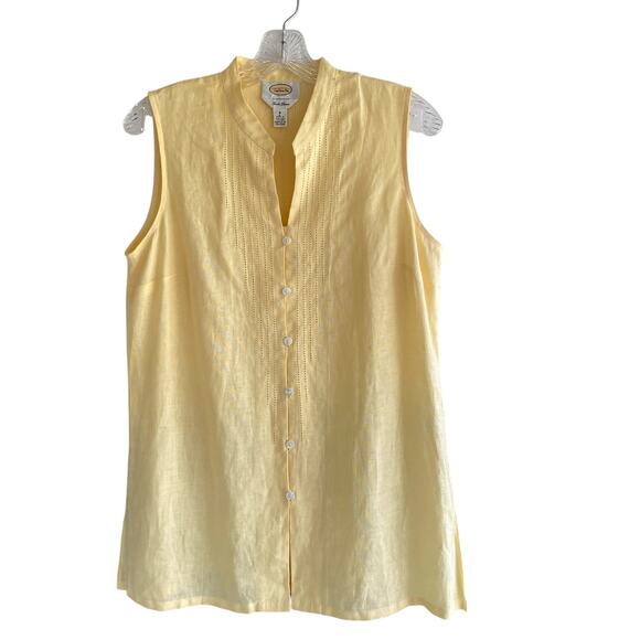 TALBOTS 8 Irish Linen Button Down Sleeveless Top Side Slits Yellow Beachy - Picture 1 of 13